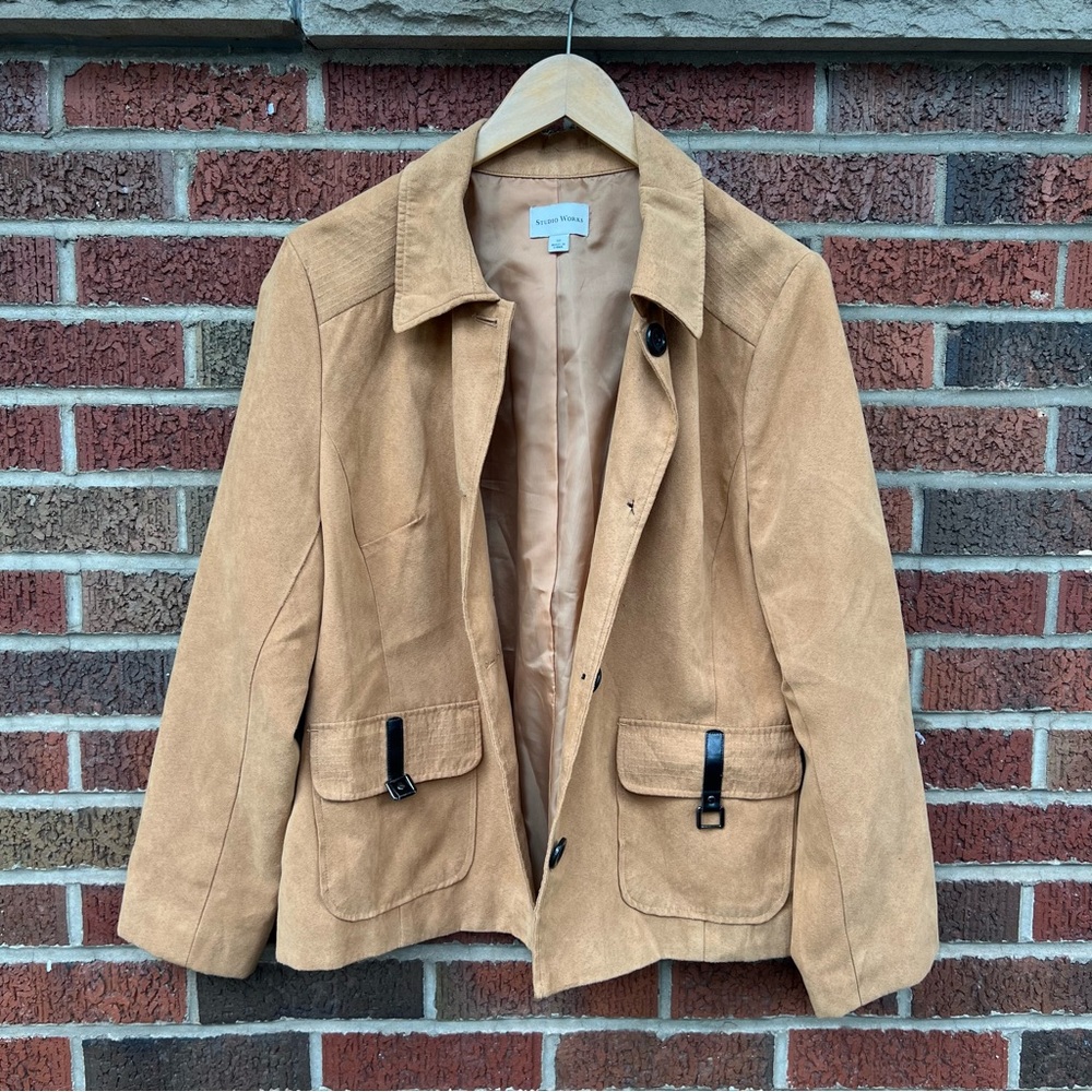 Studio Works Tan Suede Black Leather Buckle Pocket Collared Leather Jacket